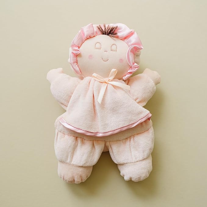 My First Baby Doll, Super Soft Baby Doll Made for Cuddles, Vintage Classic Style with Pink Dress and Brown Hair, Ideal New Baby Gift or Baby Shower Present