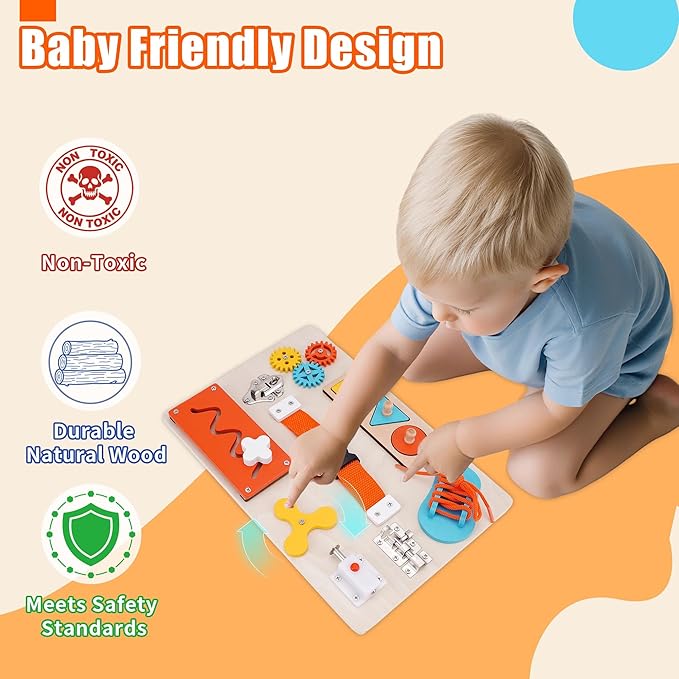 ATOYUS Montessori Busy Board Toddler Toys for Ages 3-5, Wooden Baby Sensory Toys for Kids 3 4 5 Year Old with Autism, Preschool Learning Educational Christmas Birthday Infant Gifts for Boys Girls 3+