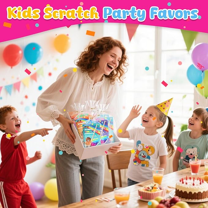 LovesTown Scratch Art Party Favors for Kids, 16 Pack Rainbow Magic Drawing Notebooks Bulk for Birthday Classroom Prizes, Kids Craft School Supplies