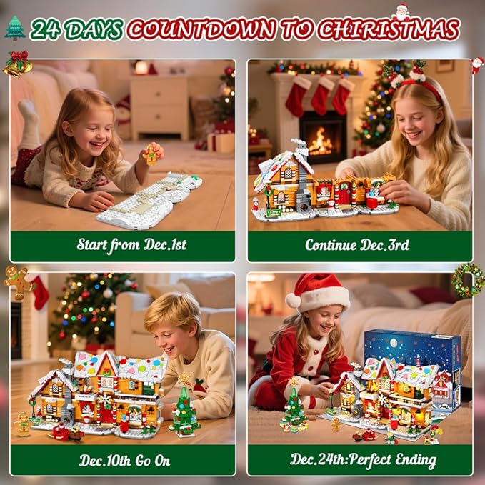 HOGOKIDS 2025 Advent Calendar Gingerbread House Mini Building Set with Light, 24 Days Countdown 3 Style Christmas Village Blocks Toy with Xmas Tree, for Adults Kids Boy Girls Ages 10+