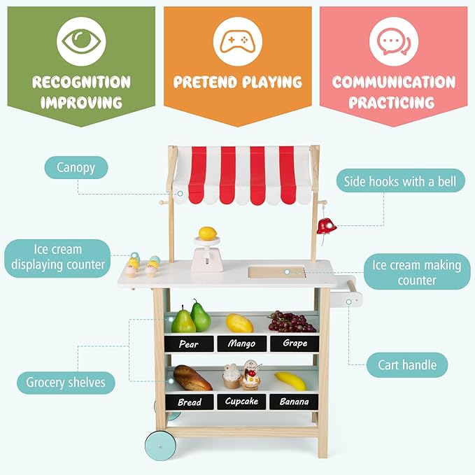 Costzon Kids Pretend Play Grocery Store, Wooden Ice Cream Cart Toy Set for Kids with Ice Cream Making Counter, Scale, Bell, Display Shelves, Black Board, Canopy, Solid Wooden Wheels, Gift for Toddlers