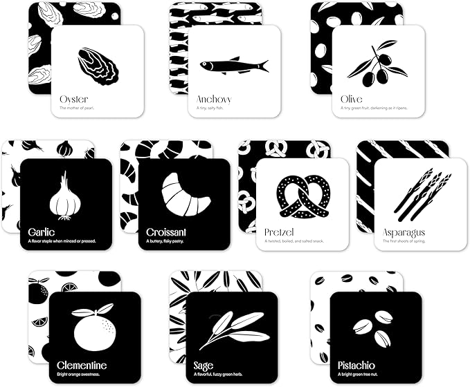 Gourmet for Baby High Contrast Sensory Learning Toy 10 Black & White Flash Cards of Food Shapes. Tummy Time Pillow Games Curious Baby Toys Activity Infant & Newborn Essentials 0+ Months