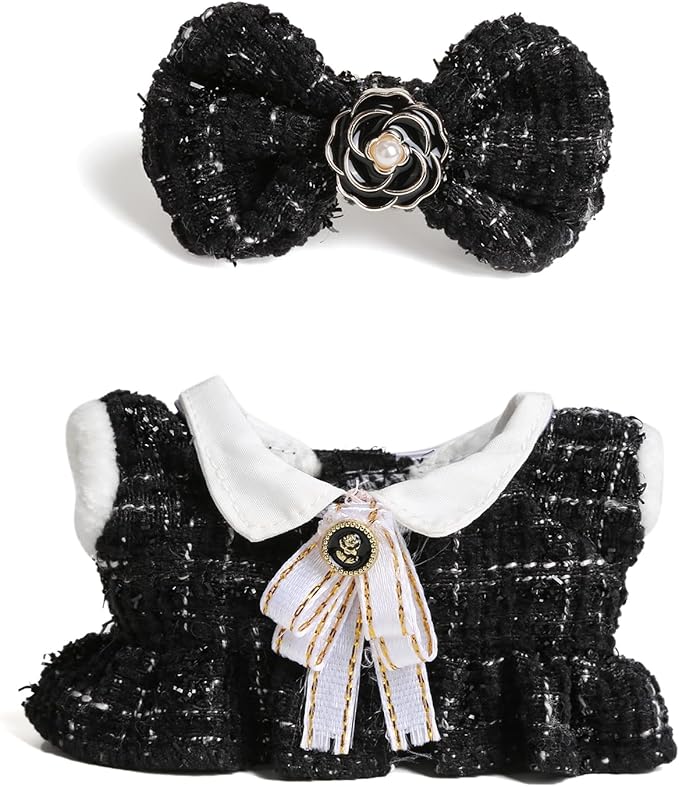 17cm Doll Clothes for Labubu - Luxury Chic Style Set for 17cm Dolls Outfit - Accessories for Dolls Clothes -Black Plaid Tweed Dress + White Necktie + Black Bow (No Doll)