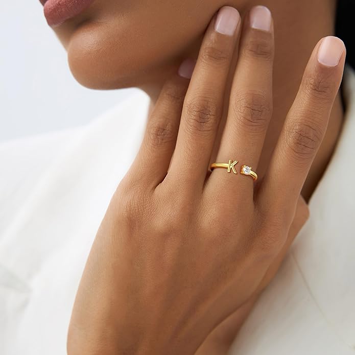 Gold Initial Rings for Women Girls, 14K Gold Plated Adjustable Initial Rings Teen Girl Gifts Trendy Stuff Letter Ring Birthday Gifts for Teenage Girls Non Tarnish
