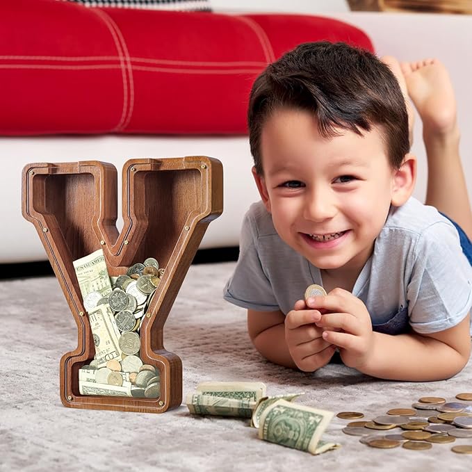 Summidate Customized Name Large Wooden Piggy Bank for Kids Boys Girls Alphabets Letter A-Z Coins Bills Money Change Bank Box Initial on Clear Cover (Laser Engraved) (Alphabet-Y, Personalized-12)