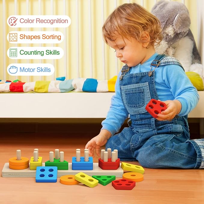 PEBIRA Montessori Toys for 1 to 3-Year-Old Boys Girls Toddlers, Wooden Sorting & Stacking Toys for Toddlers and Kids Preschool, Educational Color Recognition Shape Sorter, Learning Puzzles Gift