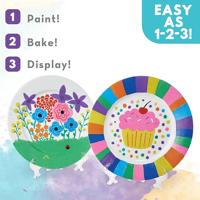 MindWare Paint Your Own Porcelain Plates - Kit Includes 2 Porcelain Plates, 12 Paints, 2 Paint Brushes, and 2 Stands
