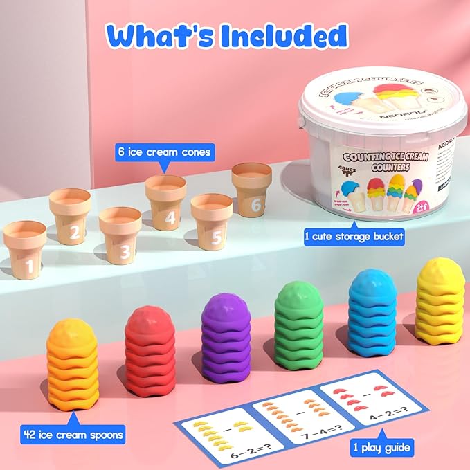 NEOROD Rainbow Ice Cream Counting Toy & Color Recognition Stacker，Sensory Math Manipulatives for Toddler Preschool Learning Activities, Fine Motor Skills Toy,Set of 42 Scoops，6 Cones, a Container.