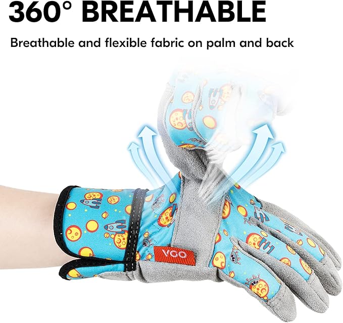 Vgo... 1-Pair Age 7-8Kids Gardening Gloves,Children Yard Work Gloves,Soft Safety Outdoor Playing Gloves(Size XL, Blue Plane, KID-MF3561)