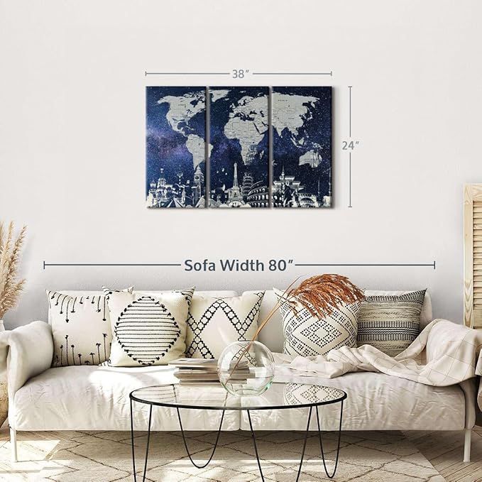 ElephantStock Starry World Map Multi Piece Canvas - 3 Panel Wall Decor - Map of the World Art - Canvas for the Office and Home - 38" X 24"