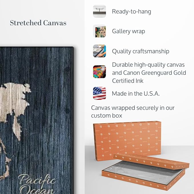 ElephantStock Aged Blue World Map I Canvas - 3 Panel Wall Decor - World Map Digital Art - Blue Wall Art - 33" X 20"