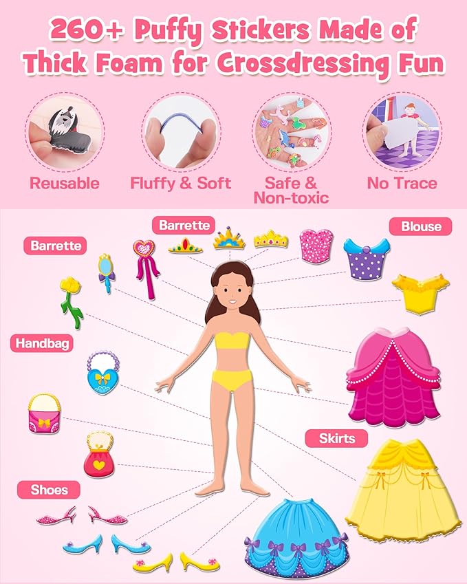 D-FantiX 3D Puffy Stickers for Toddlers 2-4 Years, Reusable Sticker Books for Girls Ages 4-8, Dress-Up, Princess, Mermaid, Pet, Car Road Trip Activities for Kids 3-5, Airplane Travel Essentials
