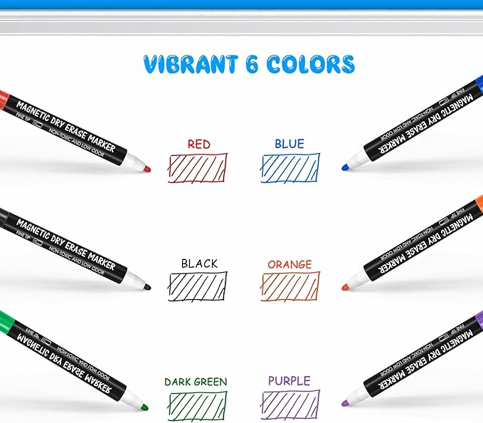 maxtek 24 Count Magnetic Dry Erase Markers, Fine Tip, 6 Colors Whiteboard Markers with Built-in Eraser, Low Odor Thin Markers