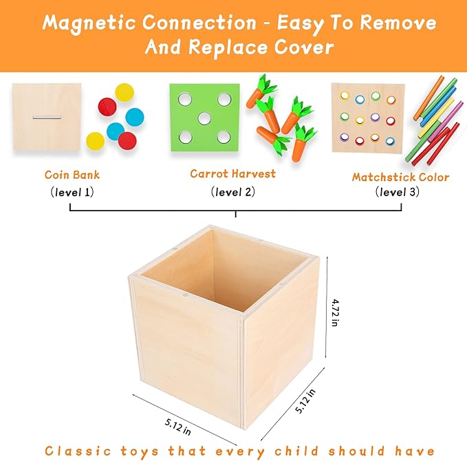 Adena Montessori 3 in 1 Wooden Montessori Play Kit Baby Toys,Includes Matchstick Color Drop Game,Carrot Harvest Game and Coin Box,Learning Toy for Kid 1,2,3 Year Old,Girl Boy Gift for Baby 6-12 Month
