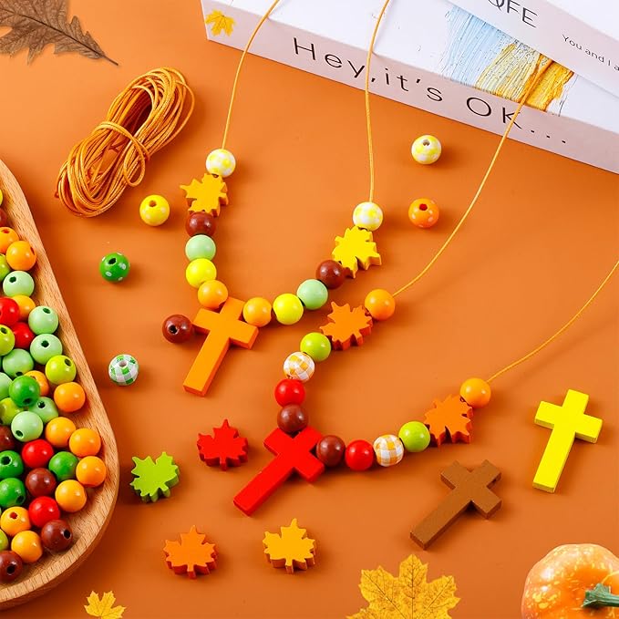 32 Pcs Fall Wood Cross Beads Necklace Crafts Kits- DIY Religious Fall Wooden Cross Beads Craft for Thanksgiving Christian Necklace Kit for Autumn Sunday School Classroom Crafts Supplies