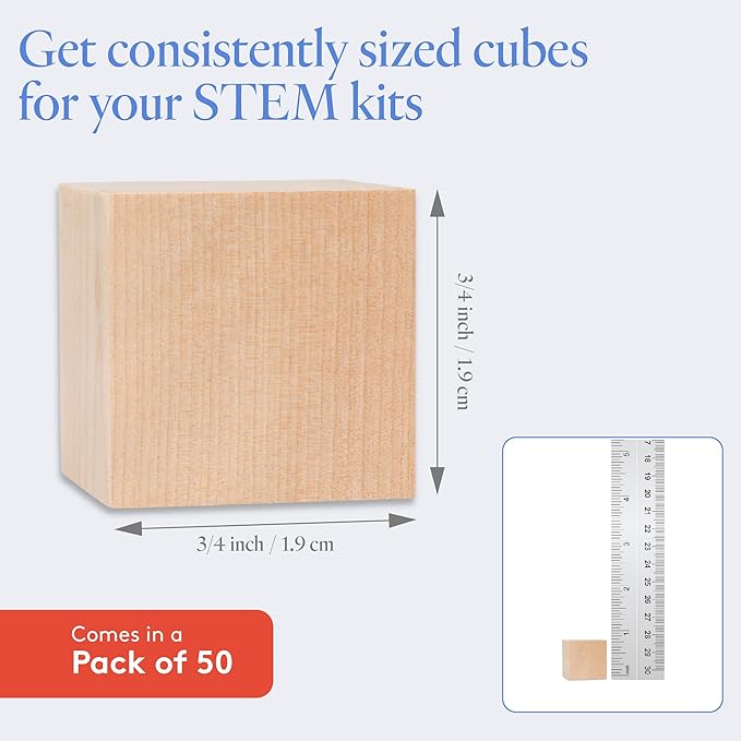 DIY Wooden Cubes 3/4-inch, Pack of 50 Small Blank Wooden Blocks, Unfinished Wood Blocks for Crafts, STEM, Dice, and Building Blocks for Stacking, by Woodpeckers