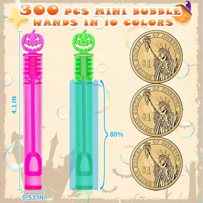 300 Piece Halloween Party Favor Bubbles, Halloween Bubble Wands Bulk for Kids Party Favor Supplies, Trick or Treat Goodie Bags, School Classroom Game Rewards, Halloween Miniatures