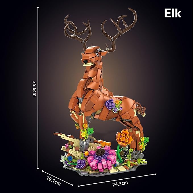 2 in 1 sika Deer&Unicorn Animals Building Decorations Set,Animal Blocks Flowering shrubsToys Suitable for Boys and Girls Age 6+ Year Old Desktop Decoration