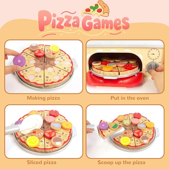 Wooden Pizza Toy for Kids, Pretend Play Food for Ages 3+, Educational Learning Toy Wooden Playset with Bake Oven, Christmas Birthday Gift for Boys Girls