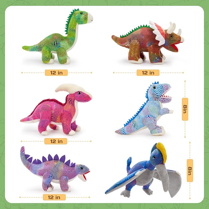 MaoGoLan 6 Pack Dinosaur Stuffed Animals Bulk 12in Dinosaur Plush Toy Collectible Dino Squad (T-Rex Velociraptor Stegosaurus Triceratops Pterodactyl), Kids Girls Boys Christmas