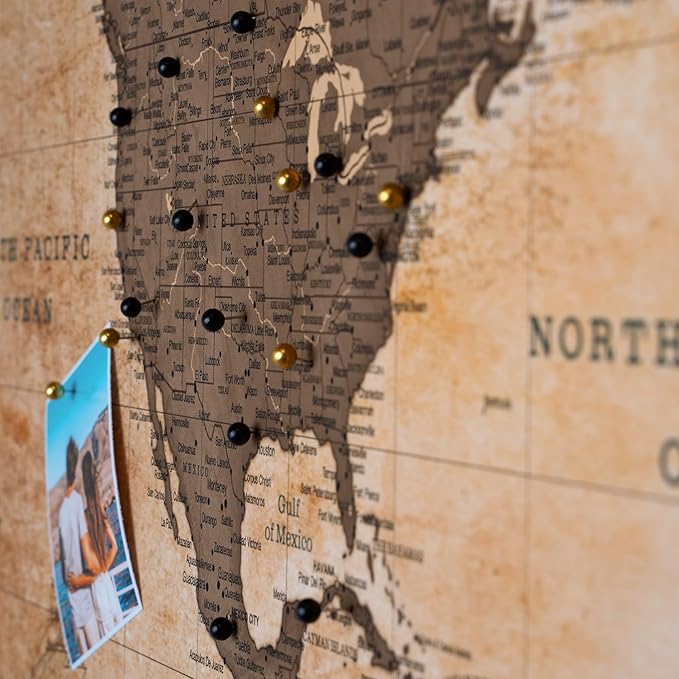 Canvas World Map with Cork Pin Board - English Lettering - Decorative Wall Decoration for All Rooms - Canvas Pictures with World Map Motif (70x50 cm, Pattern 1)
