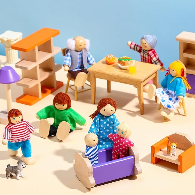 Skylety 10 Pcs Wooden Dollhouse Set of Mini People Figures Dollhouse Dolls Wooden Doll Play Figures Accessories(Pretty Style)