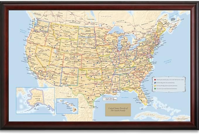 Map Your Travels Personalized U.S. Traveler Wall Art | Premium Wood Frame | Detailed USA Wall Art | Framed size 33"x21"