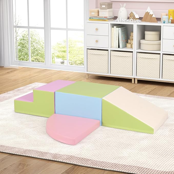 Costzon Climbing Toys for Toddlers, 4 Pieces Climb and Crawl Foam Kids Building Blocks for Children Development & Indoor Active Play, Soft Play Set for Newborn Infant Baby (Light Green & Blue & Pink)
