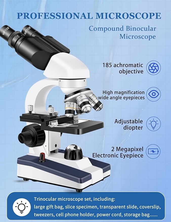 Microscope for Adults WF10x and WF25x Eyepieces, 40X-2500X Magnification, with HD USB Camera, Binocular Microscope for Lab Schools