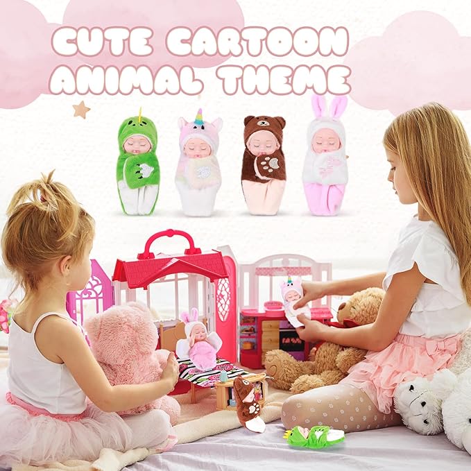 Hanaive 4 Pcs 4 Inch Mini Baby Dolls Lifelike Realistic Baby Dolls Animal Clothes Cute Tiny Gifts for Kids Birthday Party(Kawaii Style)