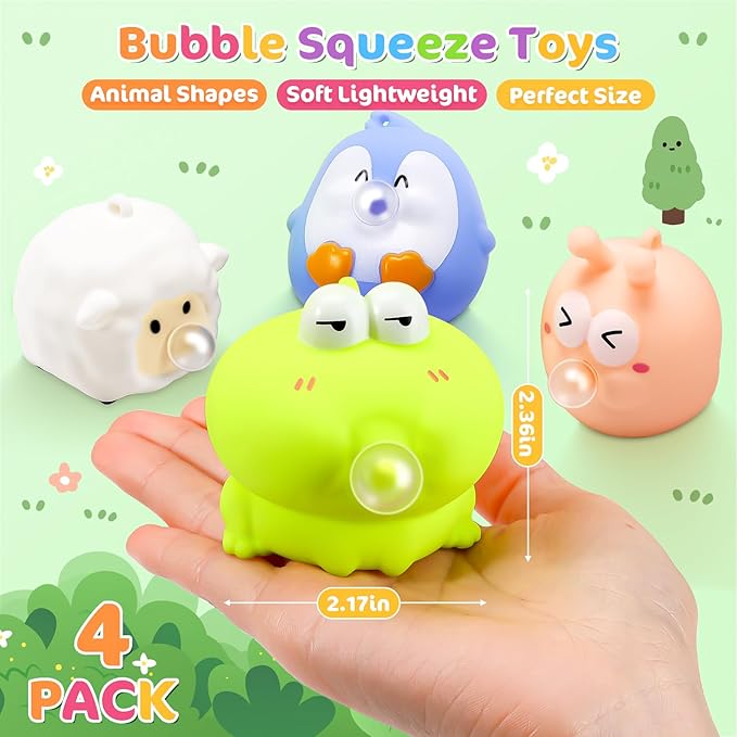 4 Pack Cute Squishy Fidget Toys, Animal Spit Bubbles Stress Relief Toy, Squishies Toys for Kids and Adults, Party Favors, Easter Basket Stuffers, Goodie Bag Stuffers and Stocking Stuffers