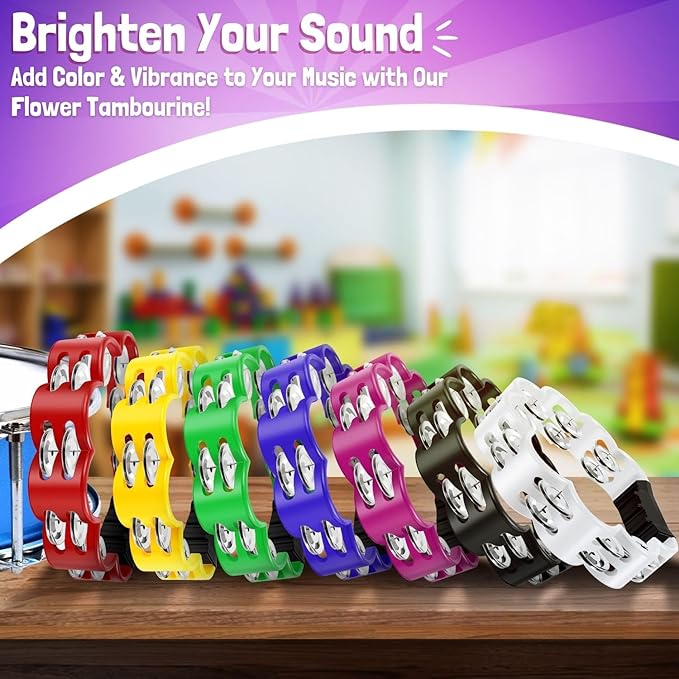 Flexzion Flower Tambourine - 8 Inch Handheld Percussion Instrument w/Metal Jingles & Ergonomic Grip - Small Tambourines for Adults, Kids, Church, Parties, & Musical Events (7 Color Pack)