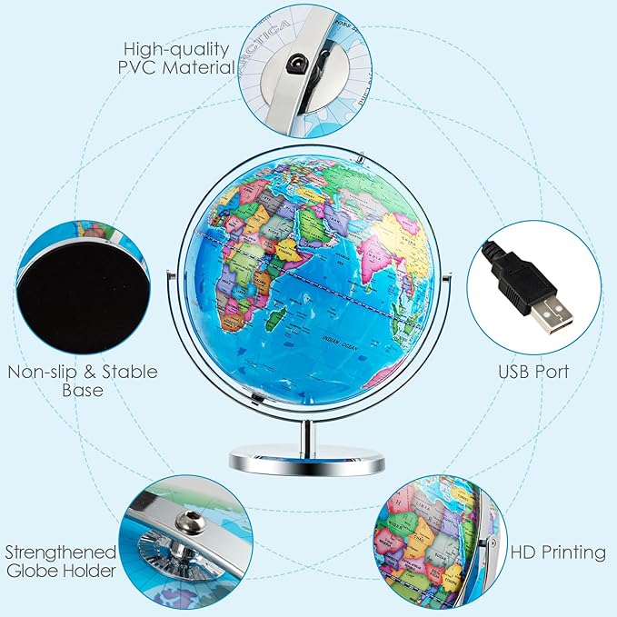 Goplus 13" Large World Globe with Stand, 720° Rotating Illuminated Globe with LED Lights, Metal Base, Desktop Educational Geographic Globe for Learning, Classroom, Office
