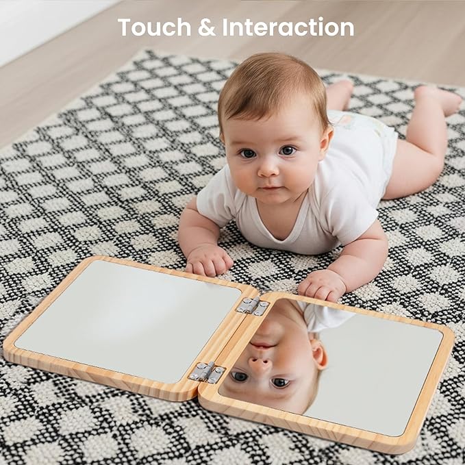 Woodtoe Tummy Time Mirror for Infant, 0-180° Adjustable Baby Mirrors with 15 Black and White Educational Cards, Shatterproof & Portable Baby Safe Mirror Toy, Developmental Baby Gift for 0-6 Months