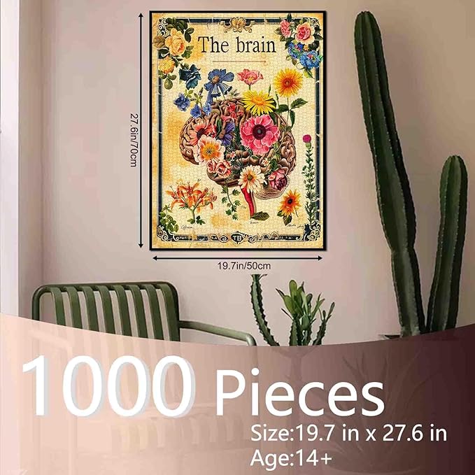 Brains Flowers Art Jigsaw Puzzle Vintage Human Organ/Anatomy 1000 Pieces Puzzles Game Floral Jigsaw Puzzles for Adults Home Decor Family Puzzle Perfect for Game Nights Ideal Gift Choice 20 x 27