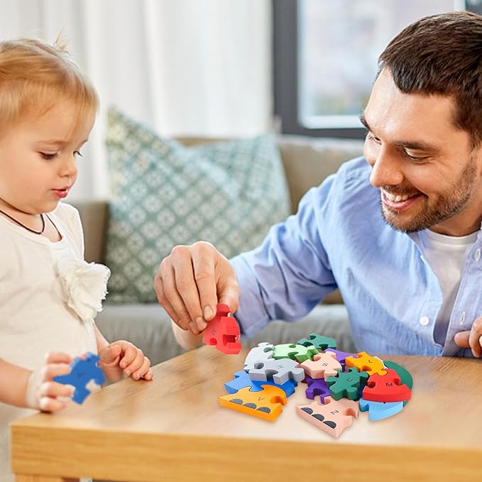 LovesTown Wooden Animal Puzzles for Toddlers, Alphabet Building Blocks for Kids, Preschool Letters and Numbers Learning Puzzle, 2 PCS