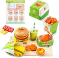 Wooden Hamburger Play Food Set for Kids, Fast Food Playset with Tray, Pretend Play Kitchen Accessories for Toddlers