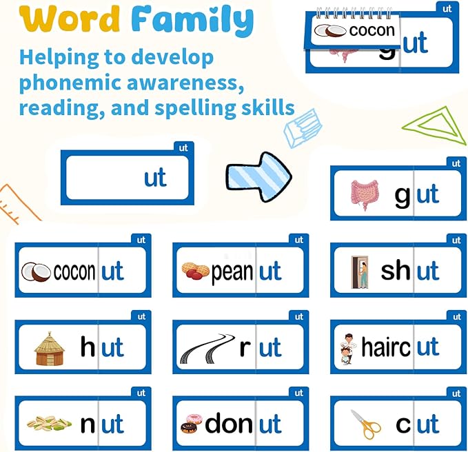 Word Family Build Book, 30 Read and Rhyme Flip Activity Book, ABC Vocabulary Flash Cards CVC Words Reading Games for Kids Ages 3-8 Preschool Learning Activities Families Educational Games