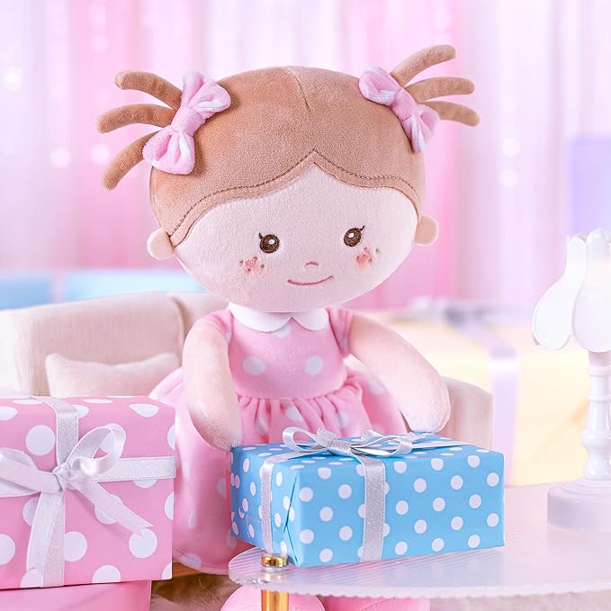 Onetoo Plush Rag Doll Sleeping Cuddle Buddy Doll Soft Baby Doll for Girls First Baby Doll Wear Pink Skirt Dress 14"（Milly Series）