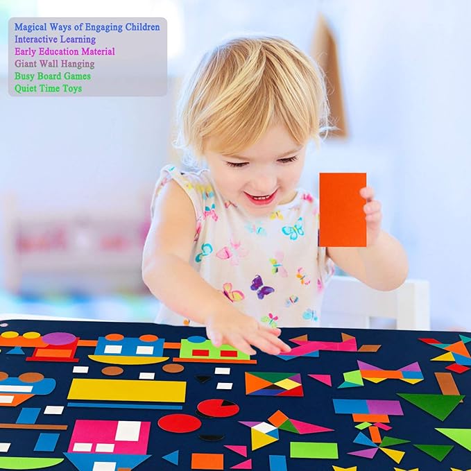 Craftstory 144 Pcs Shapes Felt-Board for Toddlers, Preschool Classroom Must Haves Learning Activities Tangram Toys Teacher Aide 3.5 Ft Large Wall Hang Sensory Activities Kit