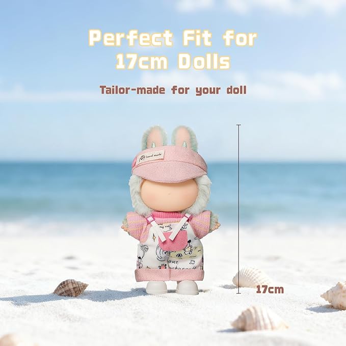 4-Piece Clothes for 17cm Doll, Cute Outfit Set with Hat, Sweater, Overalls, Shoes, Stylish Adorable Dolls Accessories for Display & Dress-Up (No Doll)