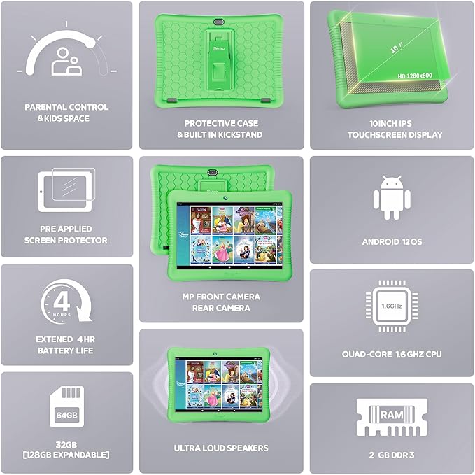 Contixo 10" Android Kids Tablet Bundle - 32GB, 80+ Disney Storybooks ($350 Value), Parental Controls, Kid-Proof Case w/Kickstand & Stylus, Headphones & Sleeve Bag - Green