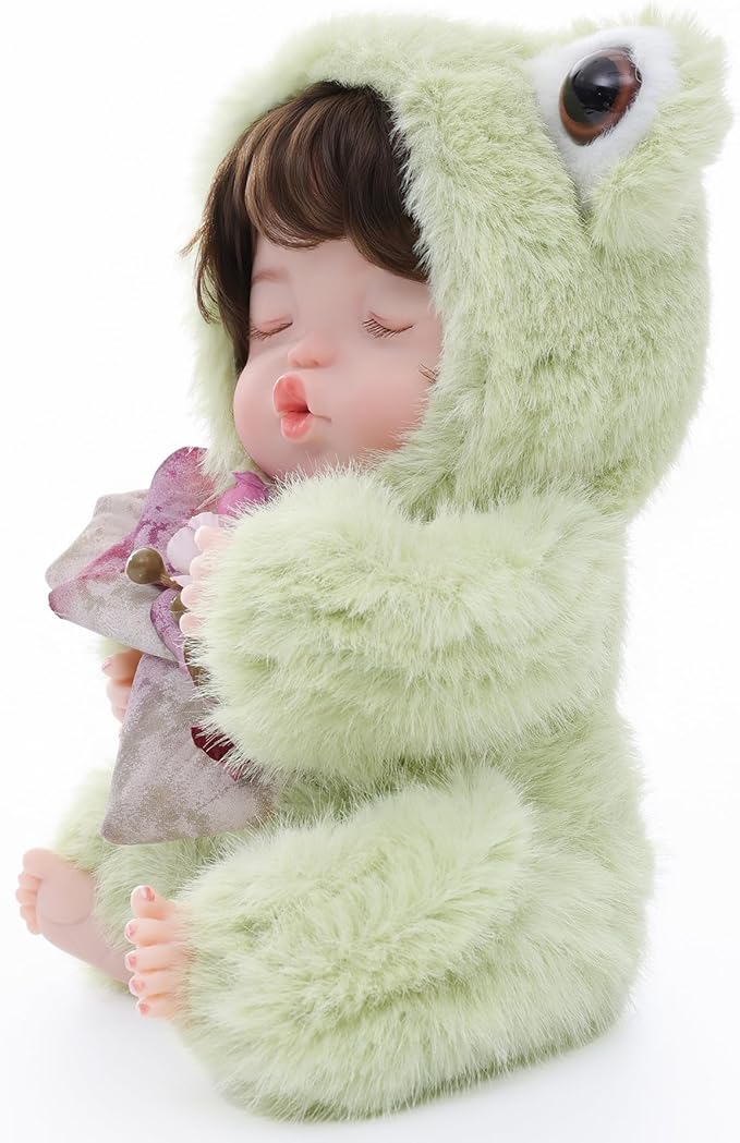 Reborn Baby Doll 10 Inch – Realistic Vinyl Sleeping Girl in Soft Green Frog Outfit – Comfort Doll Gift for Girls & Collectors