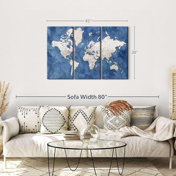 ElephantStock Detailed World Map With Cities I Wall Art - Horizontal Canvas - 3-Piece Living Room Decor - Watercolor Map Canvas Print - Beige and Blue Wall Decor by Blursbyai - 45" X 28"