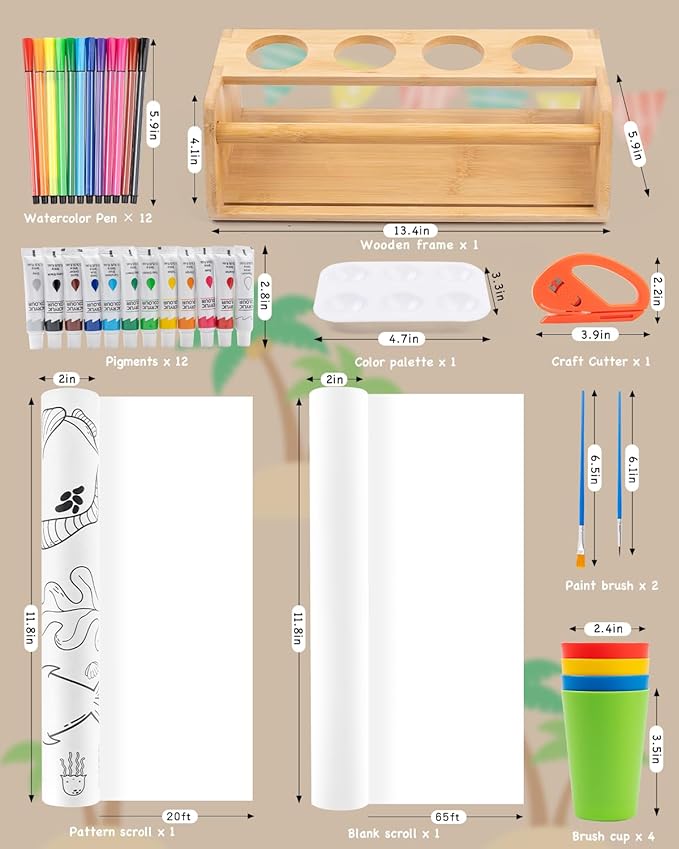 Paper Roll Dispenser for Kids Art Tabletop Easel with Blank & Patterned Paper Rolls, 12 Pigments, Drawing Tools, Pen Cups Craft Station for Kids Ages 3-8 in Home, Classroom