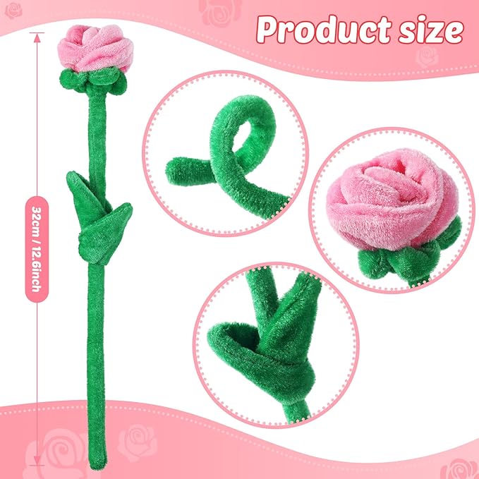 18 Pcs Plush Rose Flower Stuffed Bendable Stems Plush Bouquet Toy Soft Floral 12.6 Inch for Graduation 2025 Mother's Day Valentines Day Girl Girlfriend Wife Family and Friends(Pink Series)