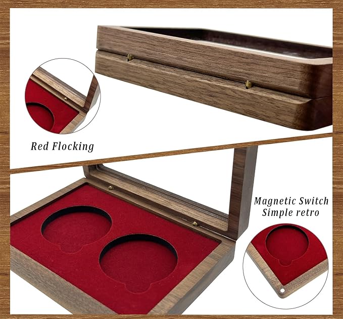 Challenge Coin Display Case Single Coin Display Box Two 1.81" Coin Holder Walnut Wood Coin Box Silver Dollar Coins Storage Box, Coins for Collectors with DIY Adjustable Gasket