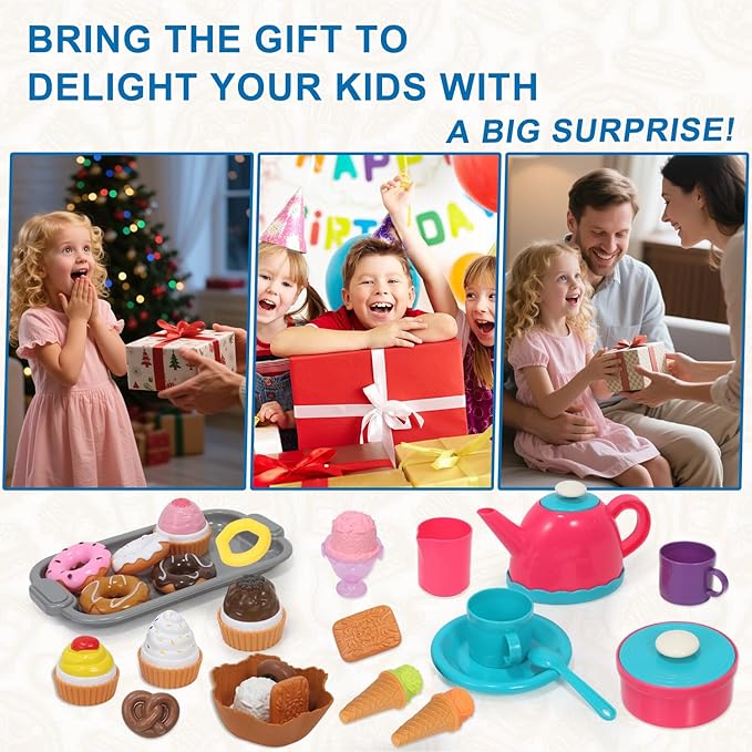 Picnic Basket Toys Play Tea Sets with Teapot Tea Cup Dessert Food,Ice Cream Playset, Pretend Play Kitchen Accessories Tea Party Set for Toddlers Kids Little Girl Boy Age 3-7 Years Old