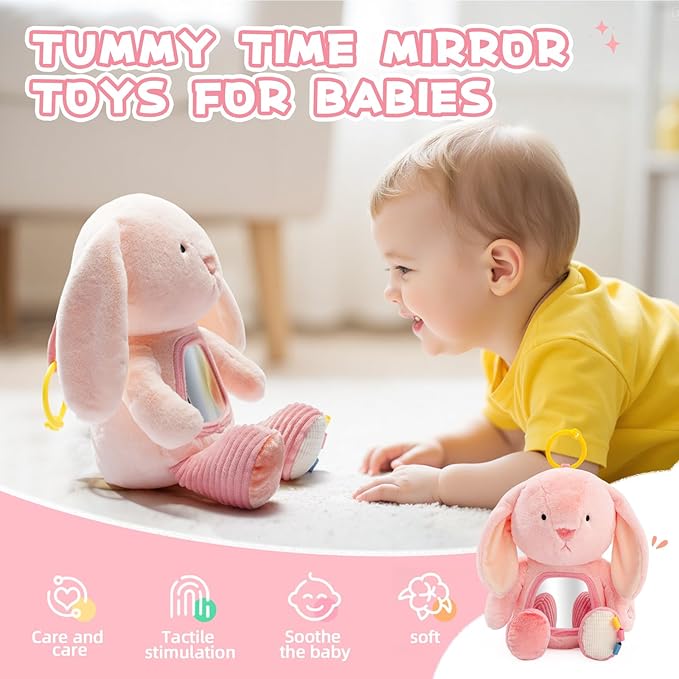 Koty Musical Tummy Time Toy,Baby Mirror Toy 3 Years Old, Infant Sensory Toy with Crinkle Sounds, Textures, Mirror & Melody Music Box for Tummy Time and Self-Discovery (Pink Rabbit)