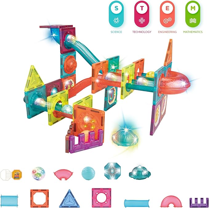 Contixo STEM Building Toys - 65 pcs Marble 3D Magnetic Run Tiles Learning Stacking Educational Building Blocks Set, Creativity Beyond Imagination, Inspirational, Recreational Toy for Kids, Ideal Gifts